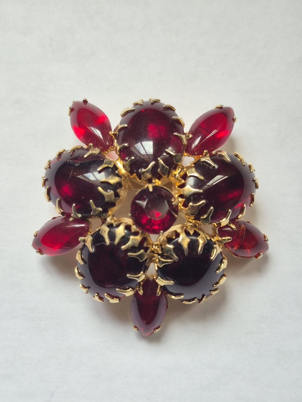 Vintage Deep Ruby Red Glass Cluster Brooch – Gold Tone Statement Pin